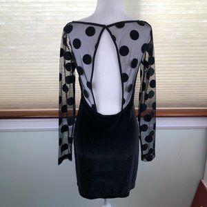 BCBGeneration Black Velvet Witchy Mesh Polka Dot & Open Back Dress Fairy Grunge
